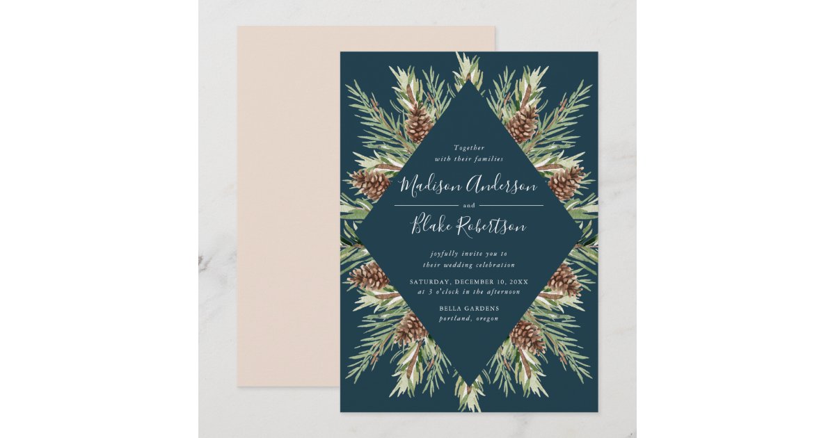 Winter Watercolor Pine Cone Frame Navy Wedding Invitation | Zazzle