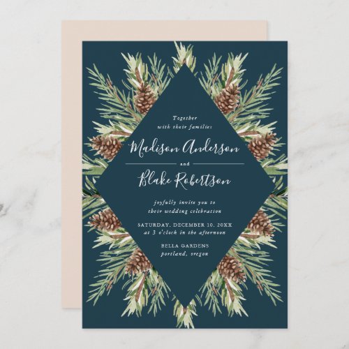 Winter Watercolor Pine Cone Frame Navy Wedding Invitation