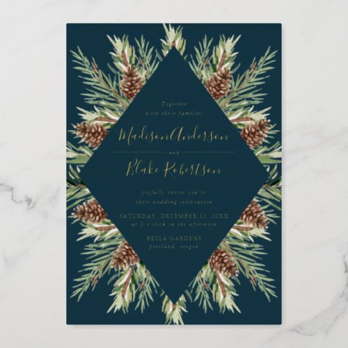 Winter Watercolor Pine Cone Frame Wedding Foil Invitation