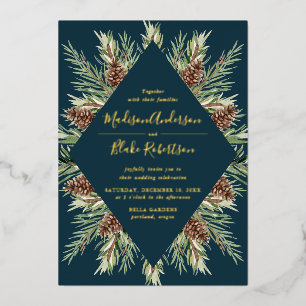 Winter Watercolor Pine Cone Frame Wedding Foil Invitation
