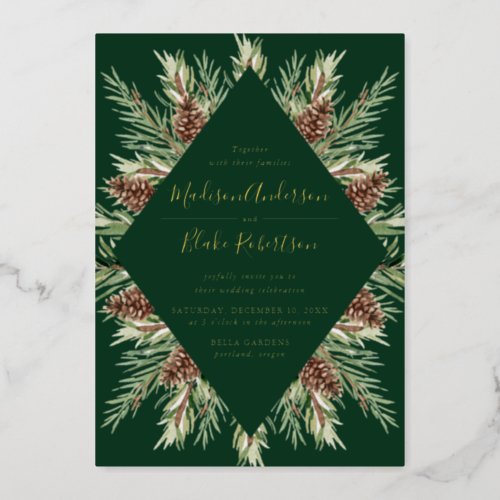 Winter Watercolor Pine Cone Frame Wedding Foil Invitation