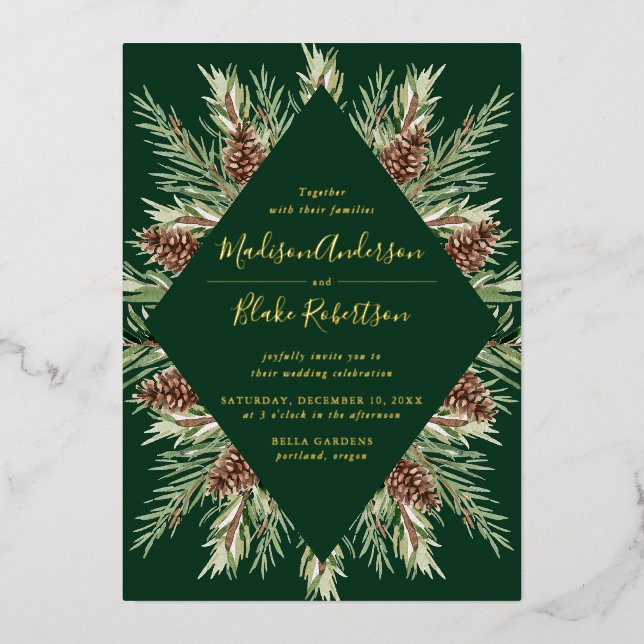 Winter Watercolor Pine Cone Frame Wedding Foil Invitation (Front)