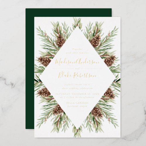 Winter Watercolor Pine Cone Frame Wedding Foil Invitation