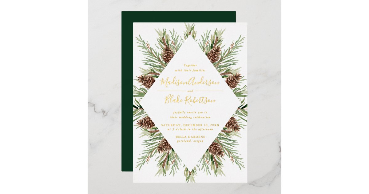 Winter Watercolor Pine Cone Frame Wedding Foil Invitation | Zazzle