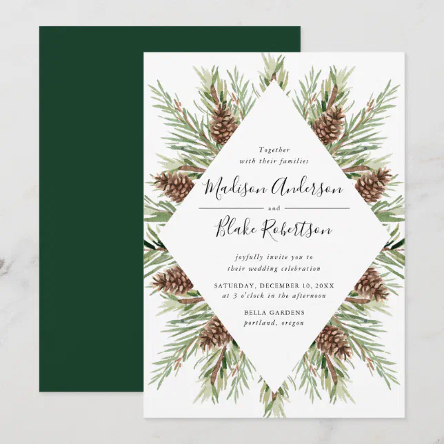 Winter Watercolor Pine Cone Frame Wedding Invitation | Zazzle