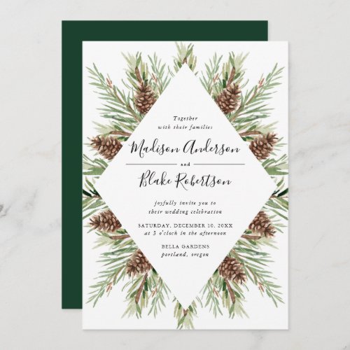 Winter Watercolor Pine Cone Frame Wedding Invitation