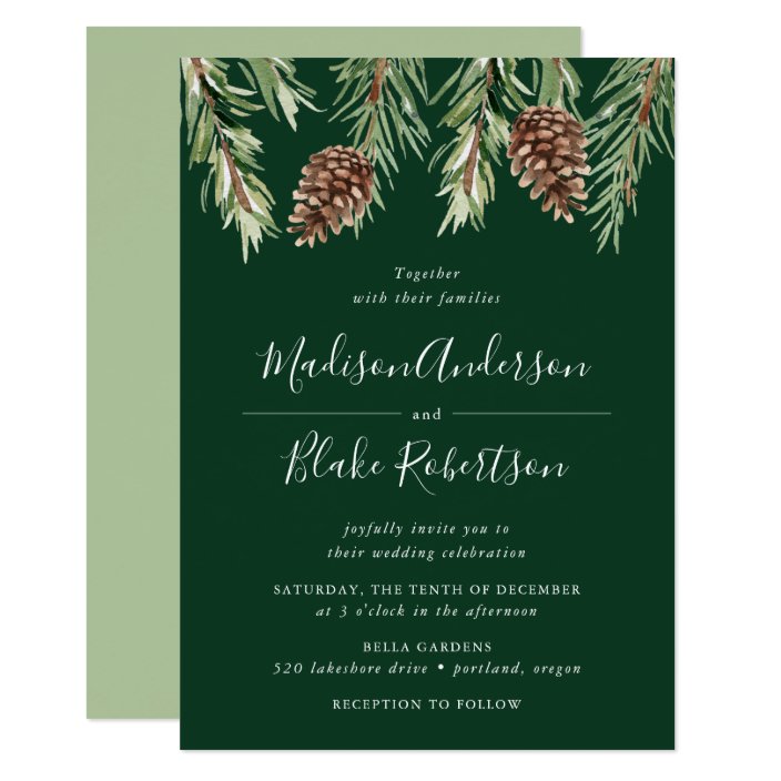 Personalized Winter Wedding Invitations Wreath Pine Tree Holiday with Envelopes