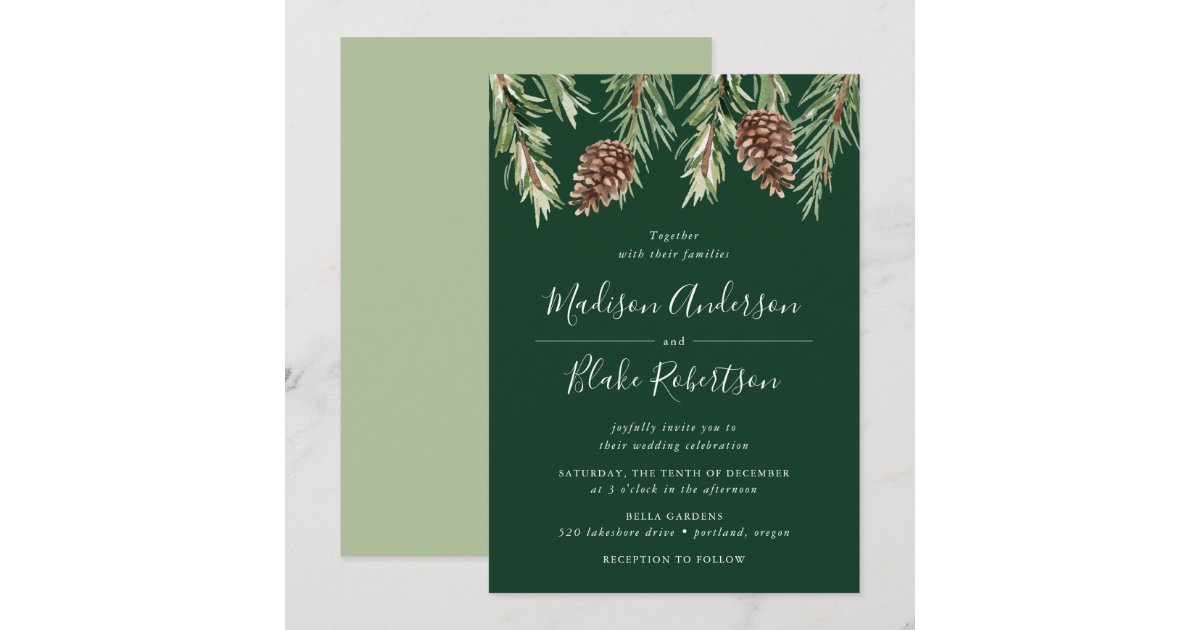 Winter Watercolor Pine Cone Green Wedding Invitation | Zazzle