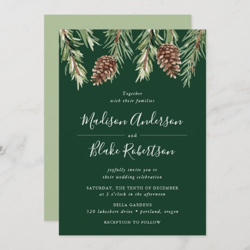 Winter Watercolor Pine Cone Green Wedding Invitation