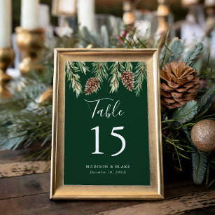 Winter Watercolor Pine Cone Green Wedding Table Number