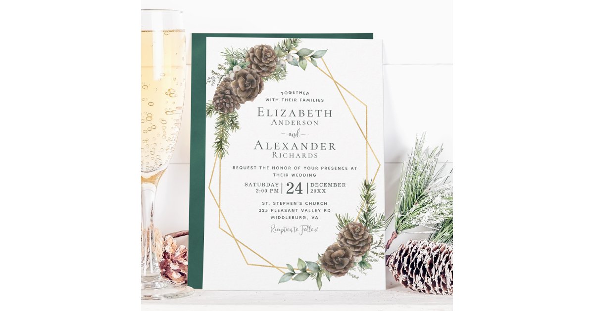 Winter Watercolor Pine Cone Greenery Wedding Invitation | Zazzle