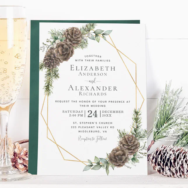 Winter Watercolor Pine Cone Greenery Wedding Invitation | Zazzle