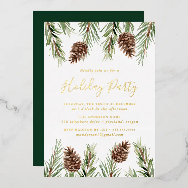 Winter Watercolor Pine Cone Holiday Party Foil Invitation | Zazzle