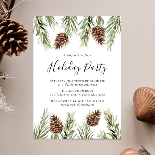 Winter Watercolor Pine Cone Holiday Party Invitation