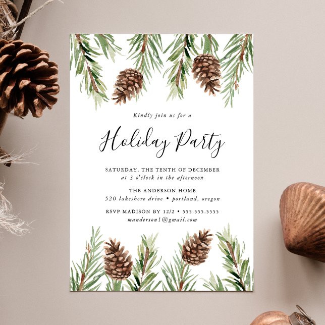 Winter Watercolor Pine Cone Holiday Party Invitation (Creator Uploaded)