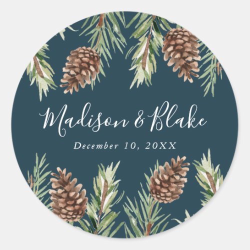 Winter Watercolor Pine Cone Navy Wedding Classic Round Sticker