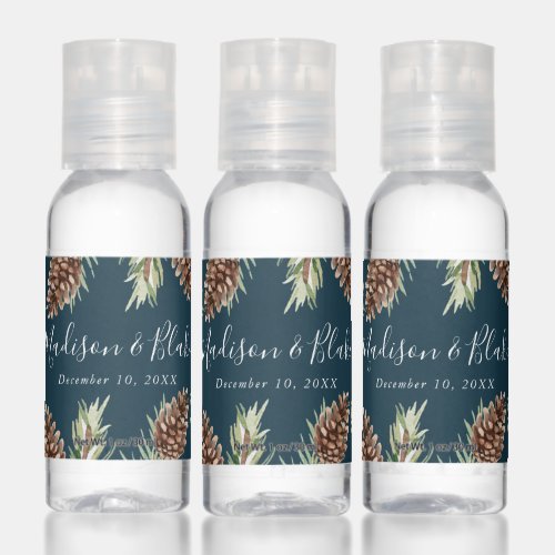 Winter Watercolor Pine Cone Navy Wedding Hand Sanitizer