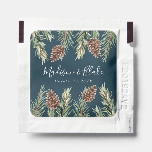 Winter Watercolor Pine Cone Navy Wedding Hand Sanitizer Packet