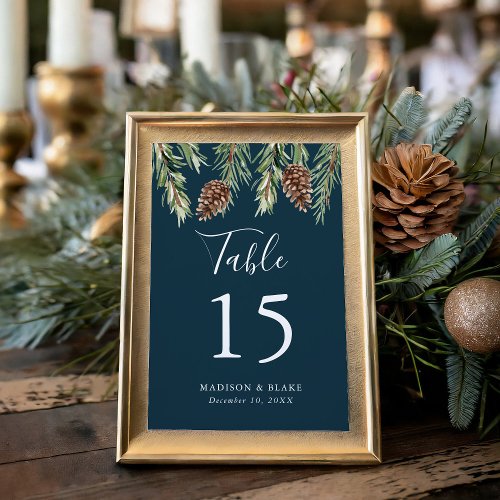Winter Watercolor Pine Cone Navy Wedding Table Number