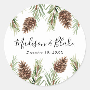 Winter Watercolor Pine Cone Wedding Classic Round Sticker