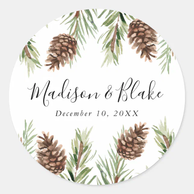 Winter Watercolor Pine Cone Wedding Classic Round Sticker | Zazzle