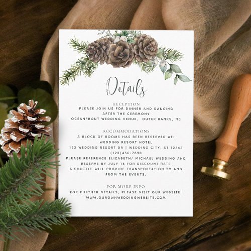 Winter Watercolor Pine Cone Wedding Details Enclosure Card