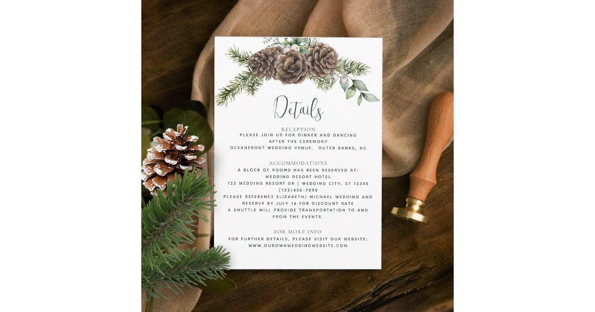 Winter Watercolor Pine Cone Wedding Details Enclosure Card | Zazzle
