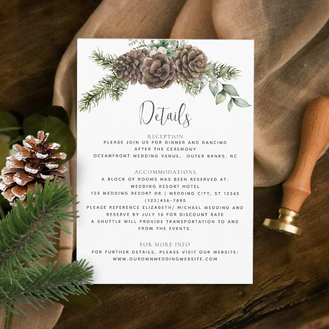 Winter Watercolor Pine Cone Wedding Details Enclosure Card | Zazzle