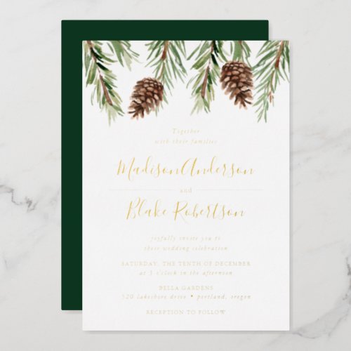 Winter Watercolor Pine Cone Wedding Foil Invitation