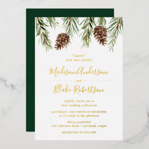 Winter Watercolor Pine Cone Wedding Foil Invitation