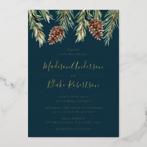 Winter Watercolor Pine Cone Wedding Foil Invitation