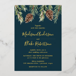Winter Watercolor Pine Cone Wedding Foil Invitation