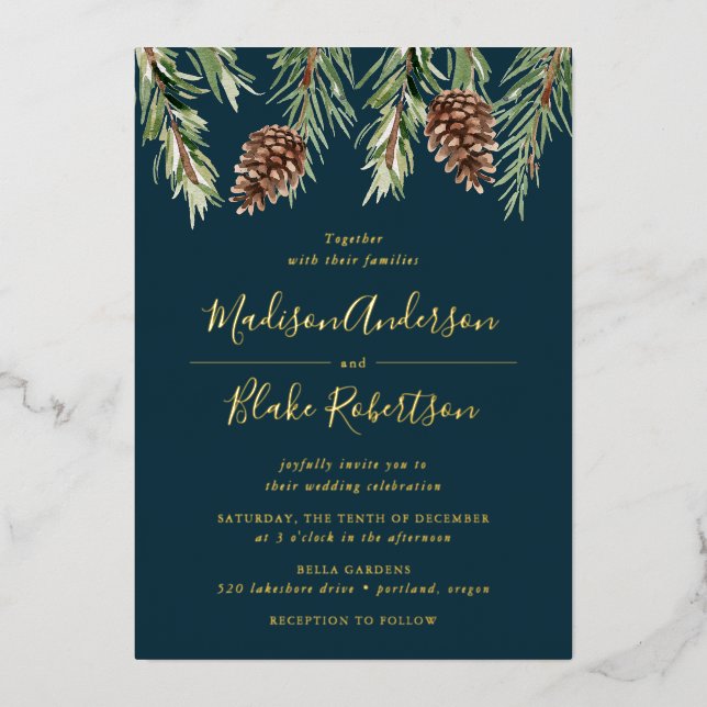 Winter Watercolor Pine Cone Wedding Foil Invitation (Front)