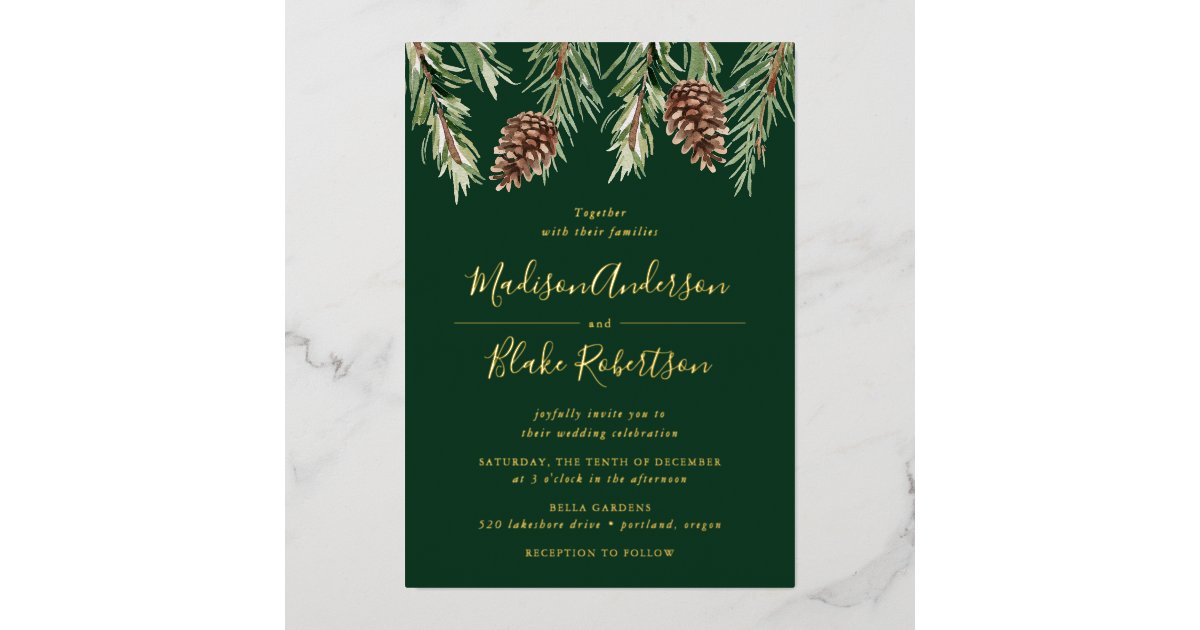 Winter Watercolor Pine Cone Wedding Foil Invitation | Zazzle