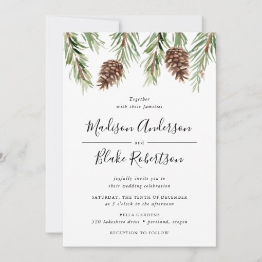 Winter Watercolor Pine Cone Wedding Invitation | Zazzle