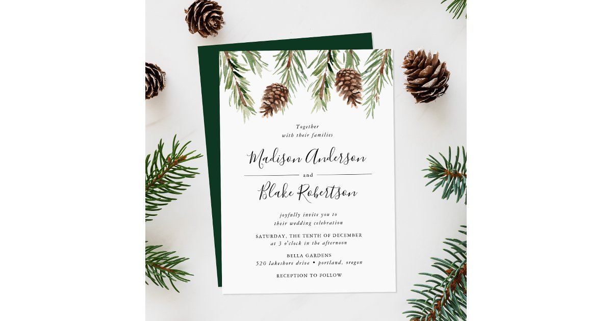 Winter Watercolor Pine Cone Wedding Invitation | Zazzle