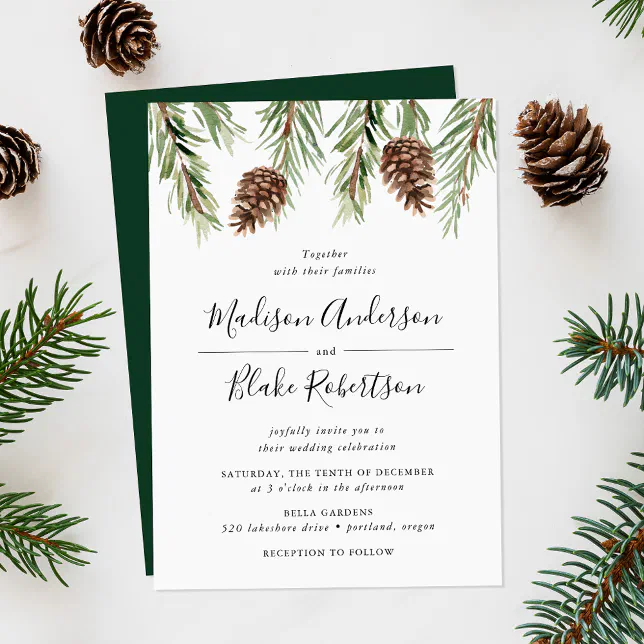 Winter Watercolor Pine Cone Wedding Invitation | Zazzle