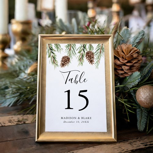 Winter Watercolor Pine Cone Wedding Table Number