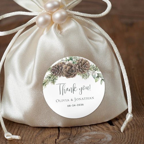 Winter Watercolor Pine Cone Wedding Thank You Classic Round Sticker