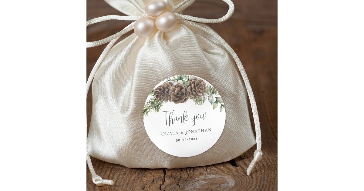 Winter Watercolor Pine Cone Wedding Thank You Classic Round Sticker ...