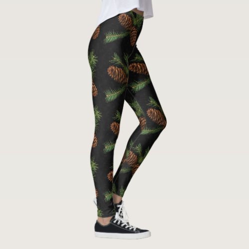Winter Watercolor Pine Cones on Charcoal Woodland Leggings