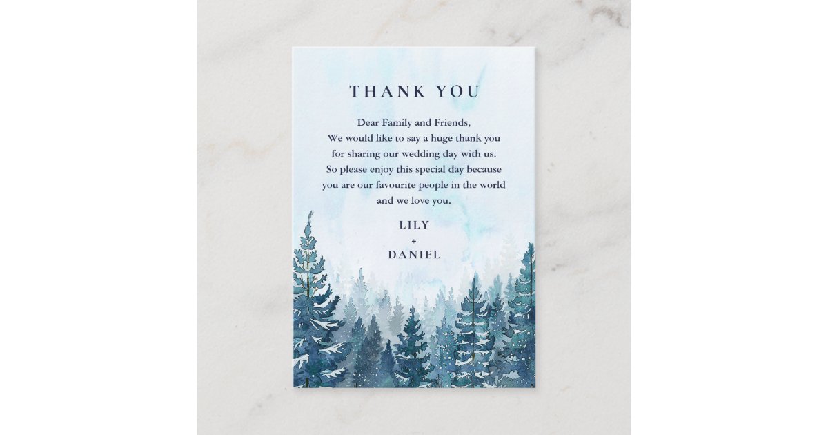 Winter Watercolor Pine Forest Wedding Thank You Place Card | Zazzle