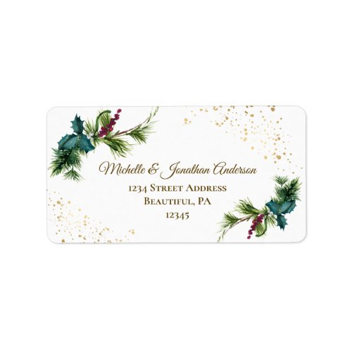 Winter Watercolor Pine Red Berries Holly Christmas Label