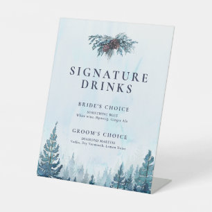 Winter Watercolor Pine Tree Forest Signature Drink Pedestal Sign