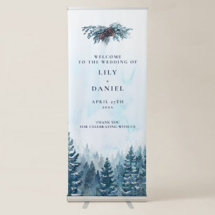 Winter Watercolor Pine Tree Forest Wedding Welcome Retractable Banner
