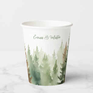 Winter Watercolor Pine trees Forest Wedding Paper Cups