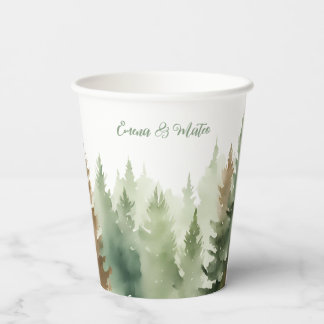 Winter Watercolor Pine trees Forest Wedding Paper Cups