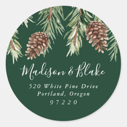 Winter Watercolor Pinecone Return Address Classic Round Sticker