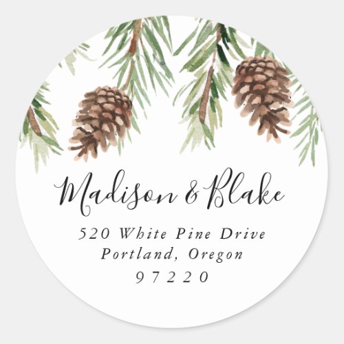 Winter Watercolor Pinecone Return Address Classic Round Sticker