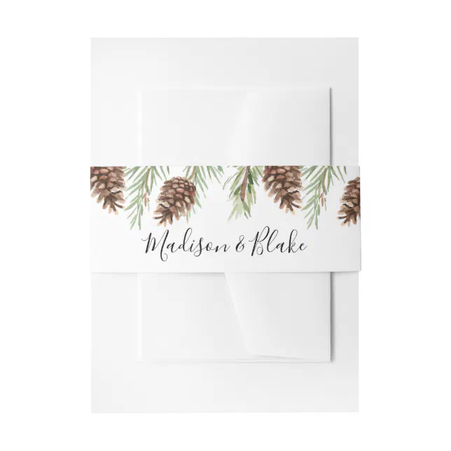 Winter Watercolor Pinecone Wedding Invitation Belly Band | Zazzle